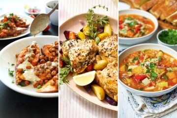 A collage of three March Mediterranean Diet Dinners: roasted sweet potato and chickpea salad, baked chicken with potatoes, and a bowl of vegetable soup, each served on a separate plate or bowl.