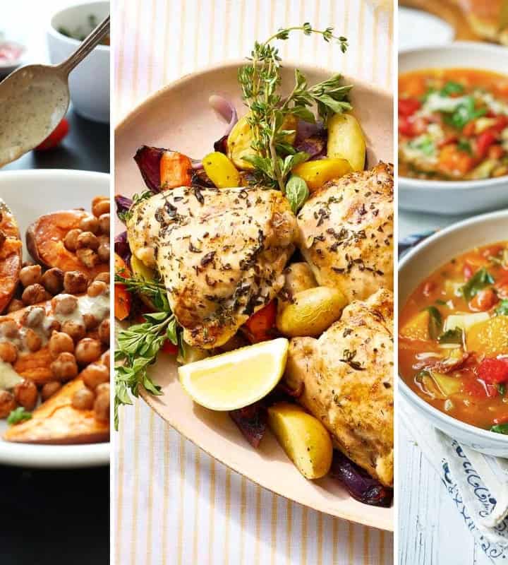A collage of three March Mediterranean Diet Dinners: roasted sweet potato and chickpea salad, baked chicken with potatoes, and a bowl of vegetable soup, each served on a separate plate or bowl.