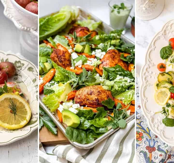 Three plated meals: salmon with peas and potatoes, a salad with baked chicken and avocado, and steamed fish for this week's March One Pot Dinners meal plan.