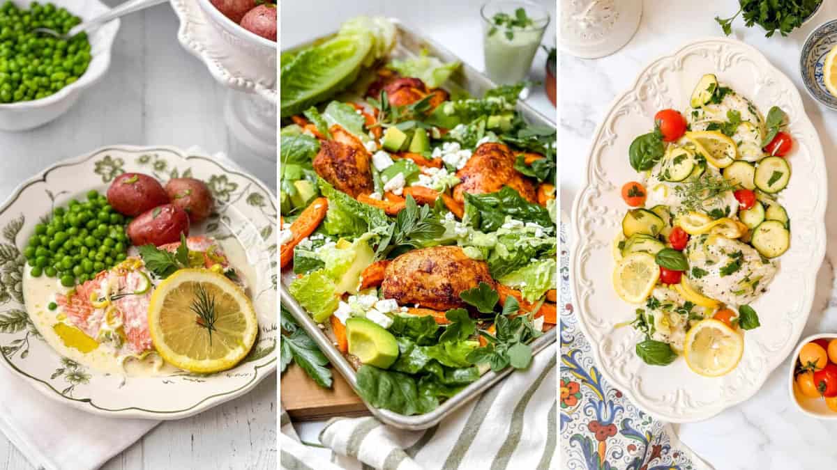 Three plated meals: salmon with peas and potatoes, a salad with baked chicken and avocado, and steamed fish for this week's March One Pot Dinners meal plan.