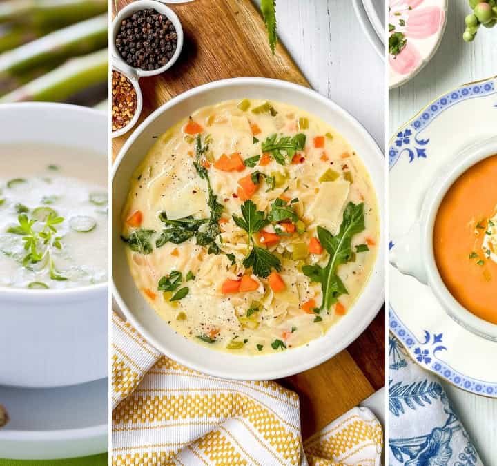 Three bowls of fresh soups: creamy asparagus soup garnished with herbs, hearty chicken and vegetable soup, and tomato soup topped with cream and herbs-perfect examples of spring vegetable soups.