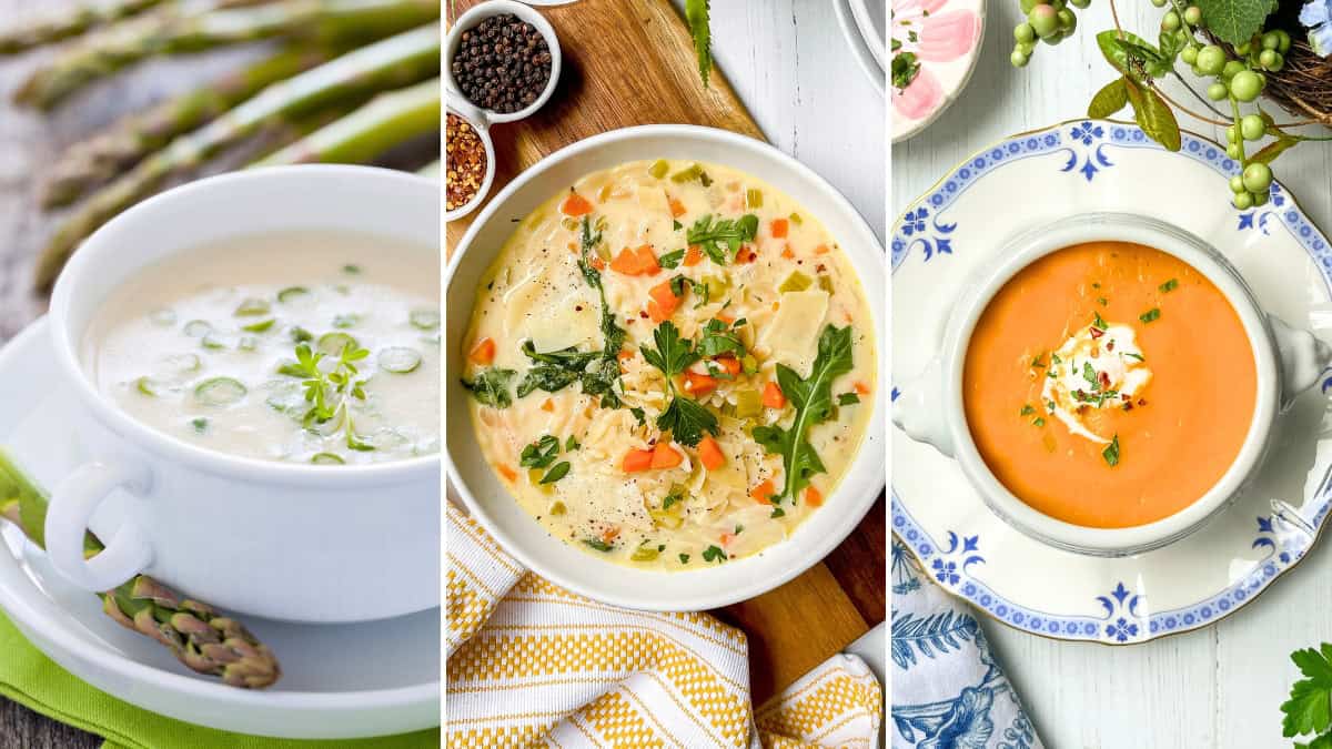 Three bowls of fresh soups: creamy asparagus soup garnished with herbs, hearty chicken and vegetable soup, and tomato soup topped with cream and herbs-perfect examples of spring vegetable soups.