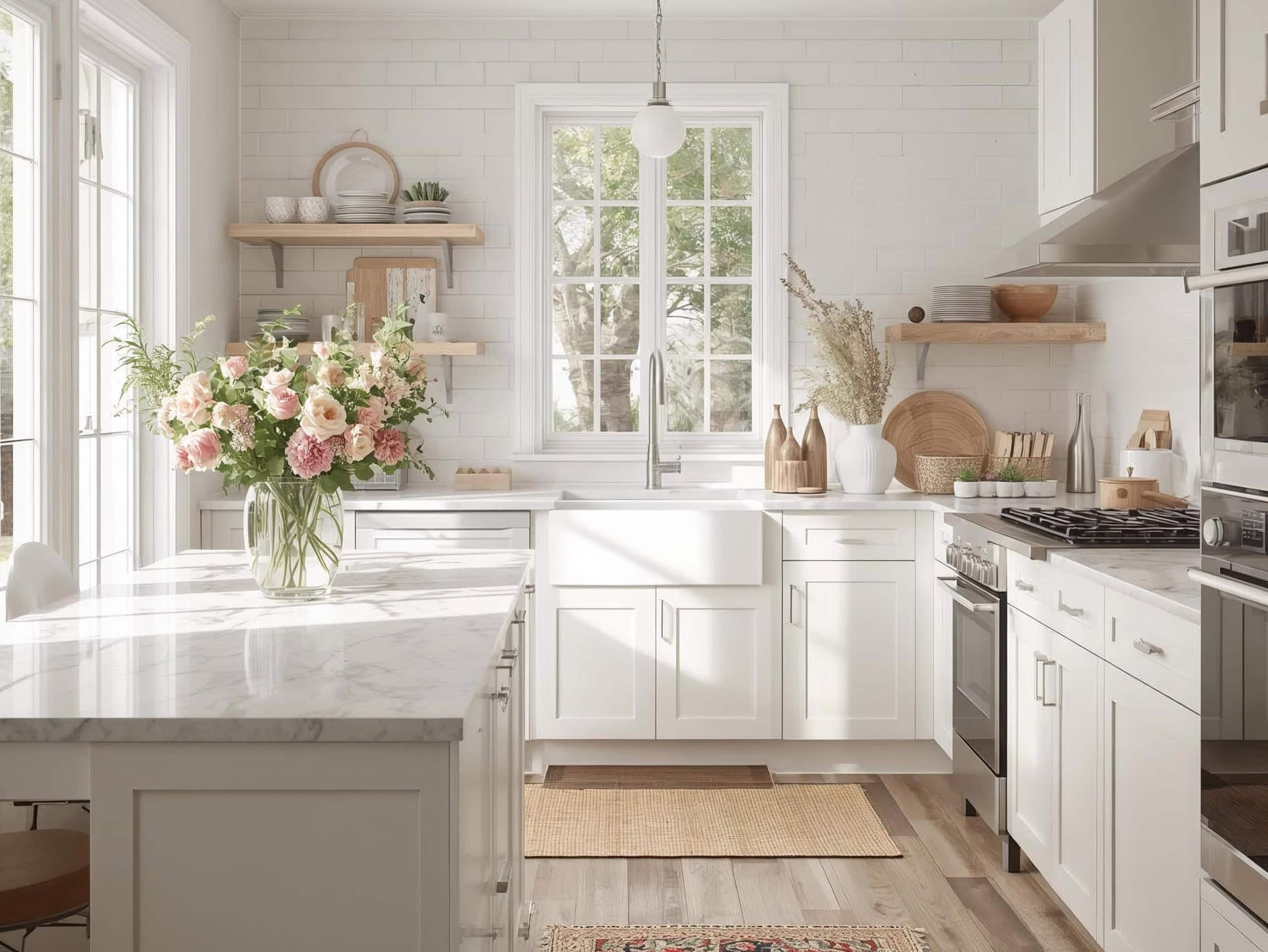 A bright kitchen with white cabinets, marble countertops, a vase of flowers on the island, and natural light streaming through large windows.