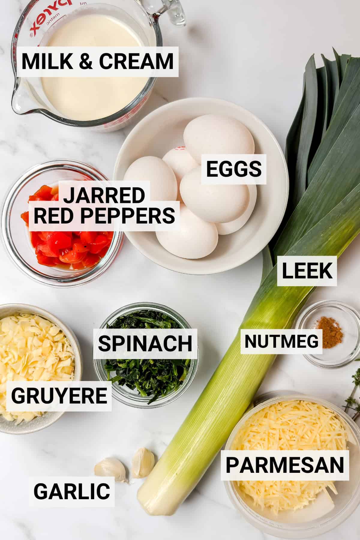 Top-down view of labeled ingredients for a crustless quiche, featuring spinach, jarred red peppers, milk & cream, eggs, leek, nutmeg, Gruyere, Parmesan, and garlic arranged on a white surface.