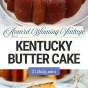 A bundt-shaped Kentucky Butter Cake, a classic Kentucky dessert, dusted with powdered sugar—shown whole and sliced, with a bite taken from a plated piece beside a fork.