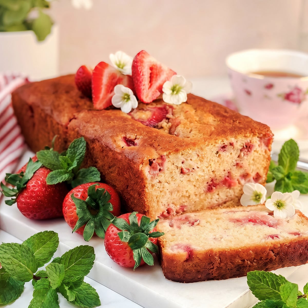 A loaf of strawberry honey yogurt bread topped with fresh strawberries and white flowers, a slice cut, mint leaves beside it, and a cup of tea in the background.