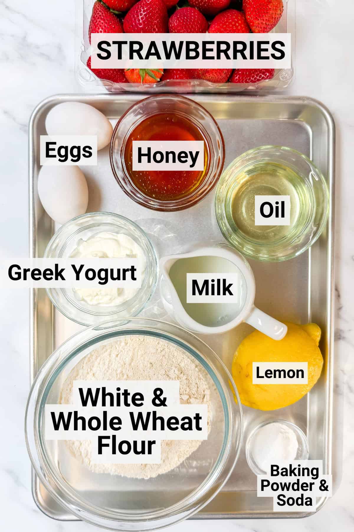 A Feast Recipe Template features a tray displaying labeled baking ingredients: strawberries, eggs, honey, oil, Greek yogurt, milk, lemon, white and whole wheat flour, and baking powder and soda.