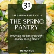 A tray of cooked vegetables and fish is shown behind a text overlay reading "The Spring Pantry: Resetting the pantry for light, healthy spring meals—perfect inspiration for your Easter Table!.