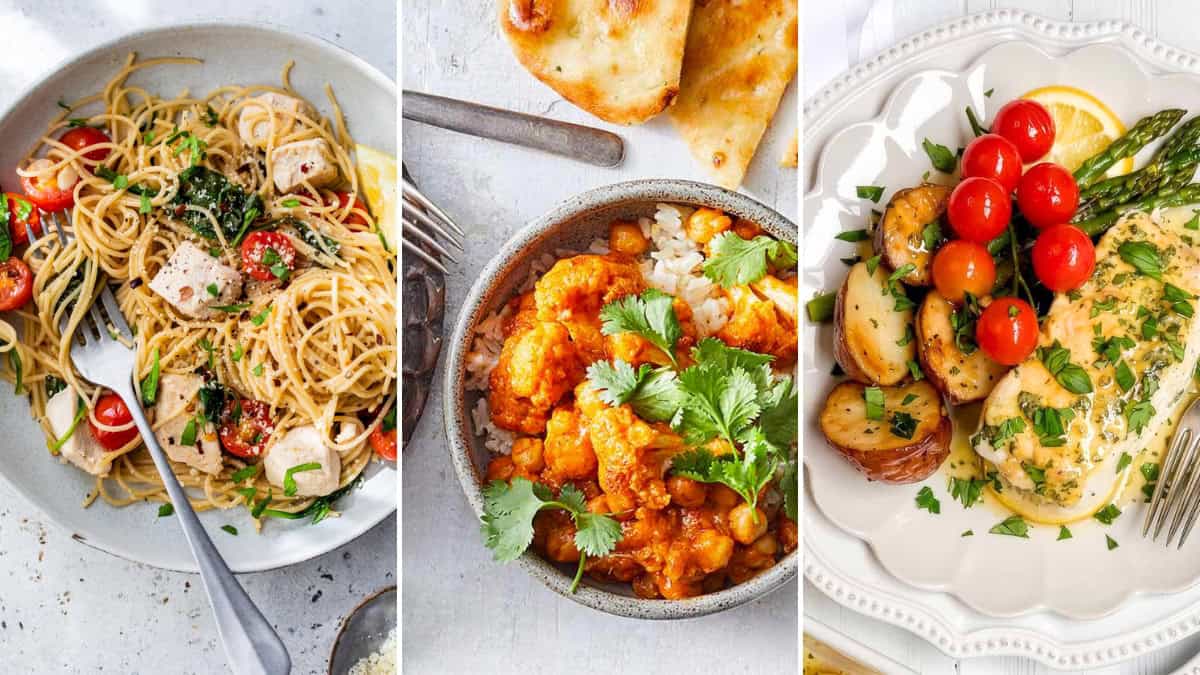 Three meal for April 30 Minute Weeknight Dinners meal plan: pasta with chicken and tomatoes, chickpea curry with rice and naan, and chicken served with potatoes, asparagus, and tomatoes.
