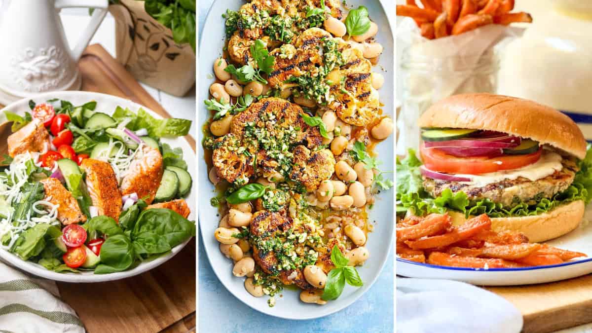Collage of images featuring Mediterranean Diet Dinners for a Healthy Mind with a salmon salad, roasted cauliflower and a grilled turkey burger.