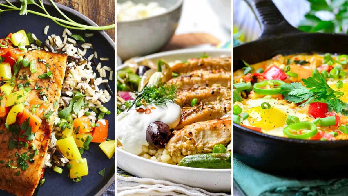 Three Spring Mediterranean Diet Dinners featuring grilled fish with rice and vegetables; sliced chicken breast with couscous, olives, and sauce; and a colorful vegetable shakshuka in a cast iron skillet.