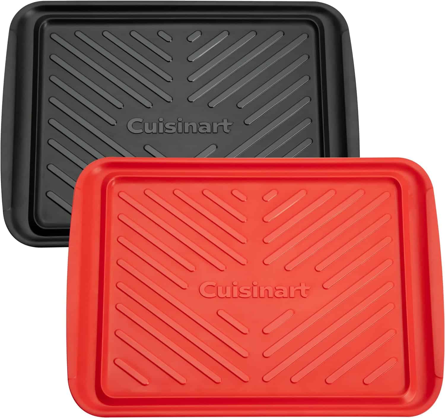 Two rectangular Cuisinart trays, one black and one red, with raised diagonal lines and the brand name embossed in the center—ideal for serving your favorite salad recipes stylishly.