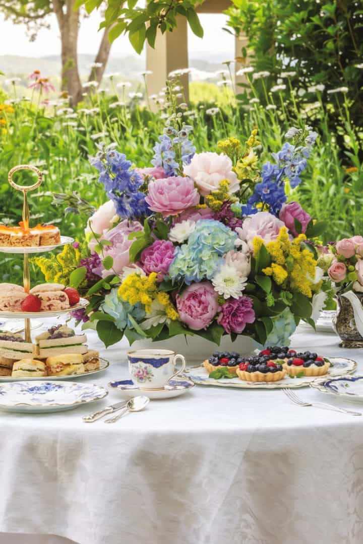 A table set outdoors for a summer garden party with floral china, a teapot, a large bouquet of flowers, fruit tart, easy recipes for sandwiches and scones, and a glass pitcher of iced tea, all surrounded by lush garden greenery.