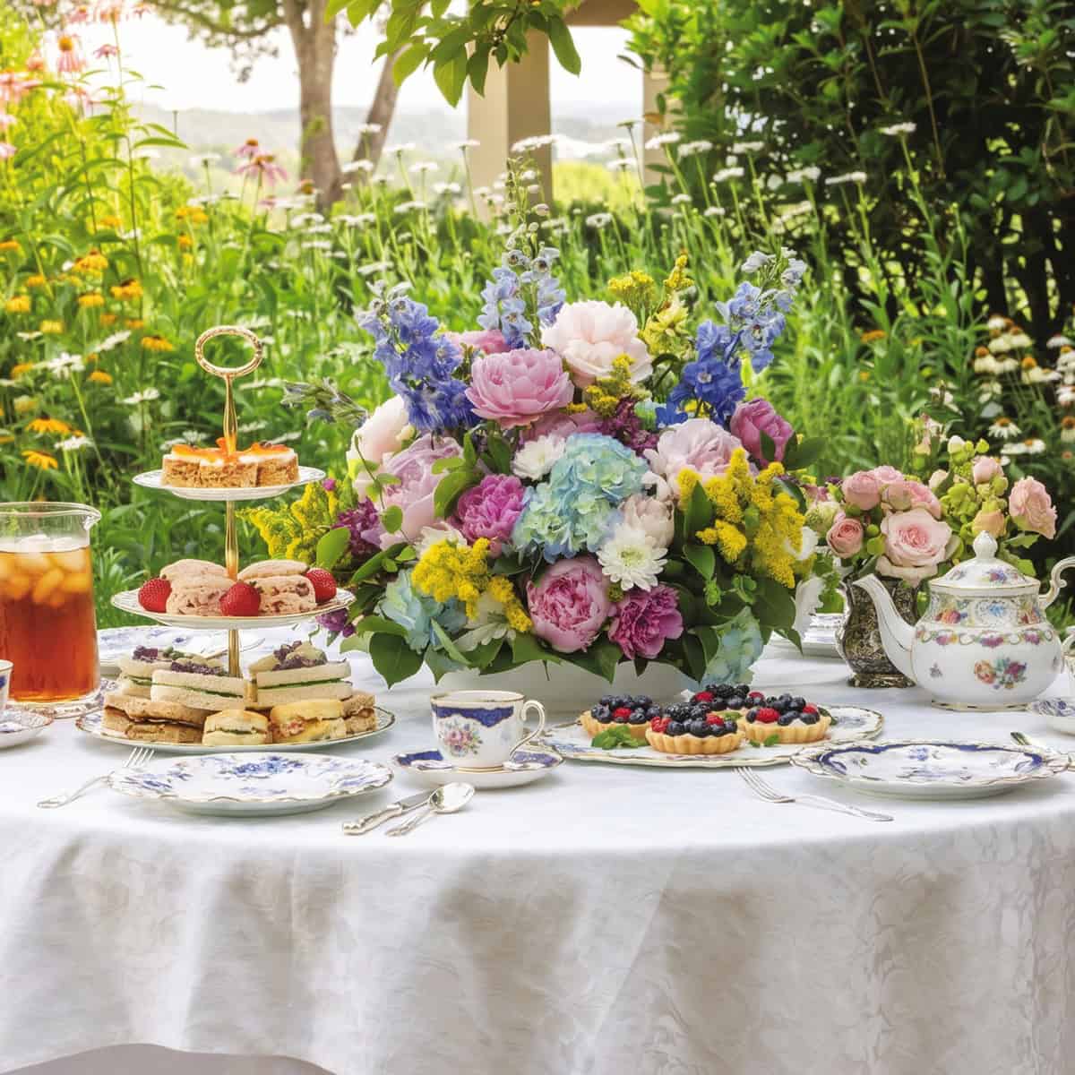 A table set outdoors for a summer garden party with floral china, a teapot, a large bouquet of flowers, fruit tart, easy recipes for sandwiches and scones, and a glass pitcher of iced tea, all surrounded by lush garden greenery.