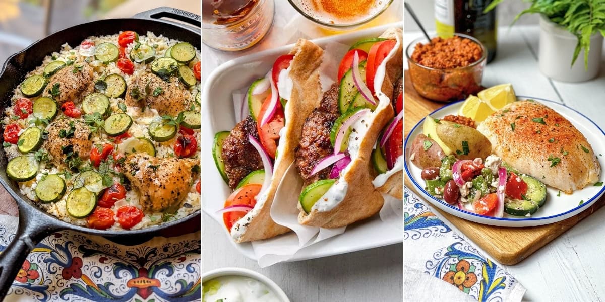 Enjoy May One Pot Dinners with baked chicken, zucchini, and tomatoes in a skillet, pita wraps filled with meatballs and vegetables, plus chicken breast served alongside potatoes, olives, and tomatoes.