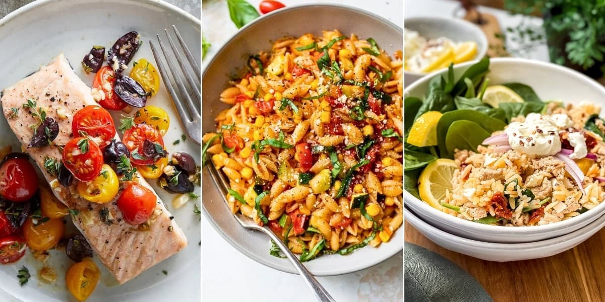 Three plated Mediterranean dishes for June 30 minute dinners: salmon with tomatoes and olives, pasta salad with vegetables, and a rice bowl with spinach, lemon, and red onion.