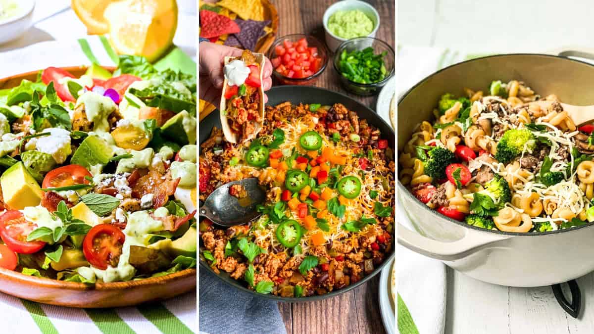 A trio of dishes for May 30 Minute Weeknight Dinners Meal Plan: a salad with avocado and tomatoes, a skillet with taco filling being scooped, and a pot of pasta with broccoli and cheese.