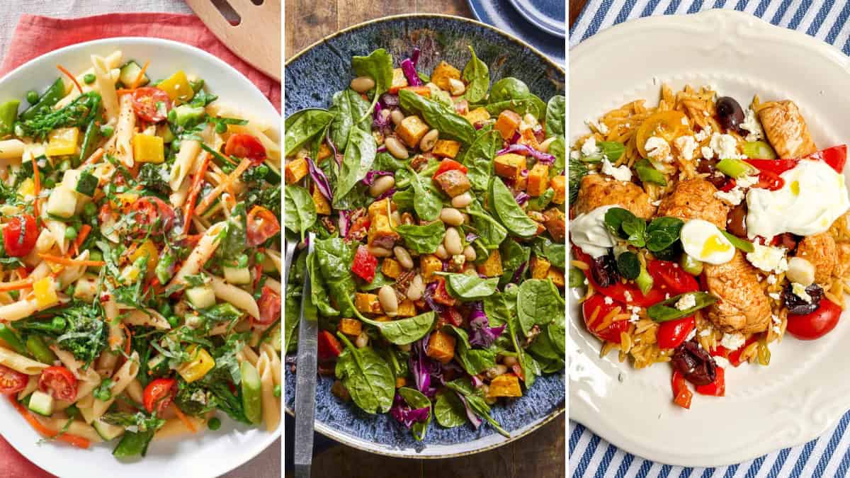 Three colorful dinner plates with a mixed vegetable salad, spinach and bean salad, and chicken with rice and vegetables for an easy May meal plan.
