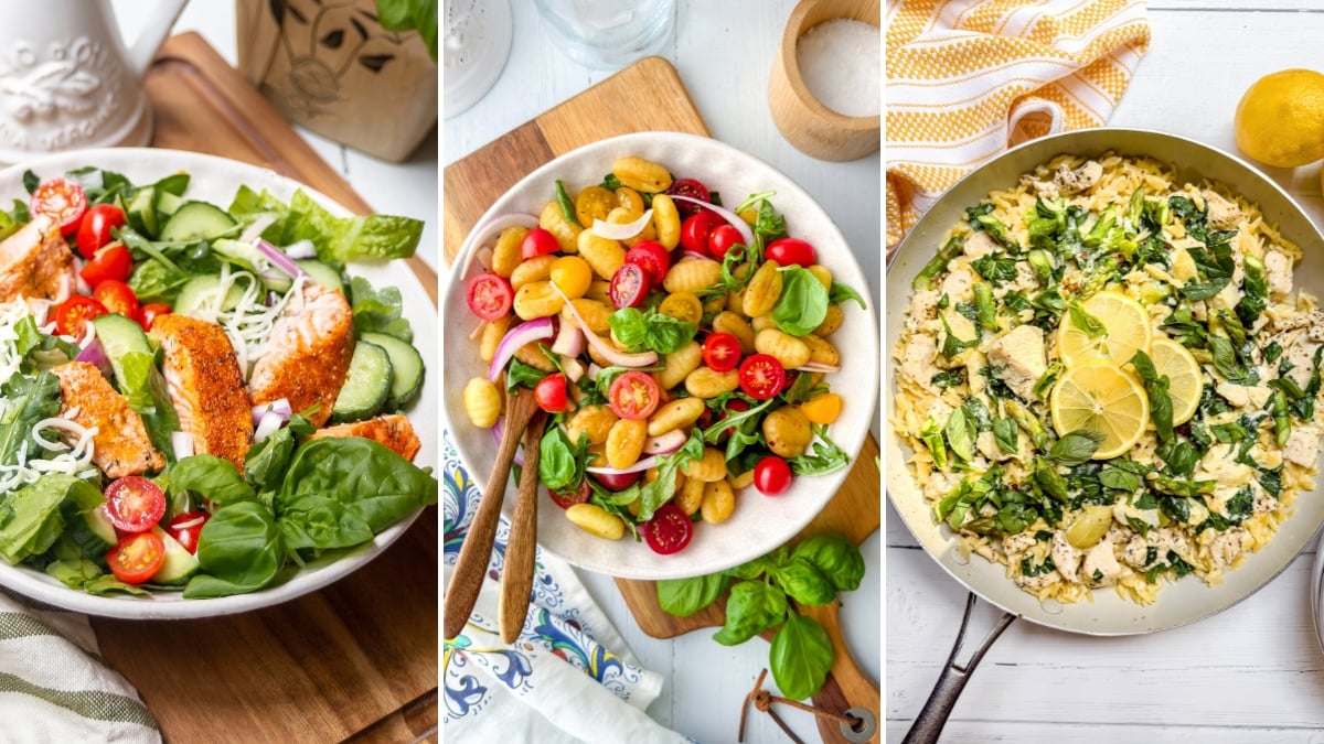 Three dishes perfect for fresh weeknight meals: a salad with breaded chicken and veggies, a bowl of gnocchi with cherry tomatoes and herbs, and a skillet of rice with spinach, chicken, and lemon slices.