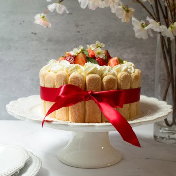 A lady charlotte cake decorated with ladyfingers, whipped cream, strawberries, and white flowers, wrapped in a red ribbon and displayed on a white cake stand.