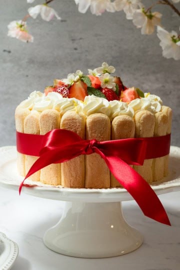 A lady charlotte cake decorated with ladyfingers, whipped cream, strawberries, and white flowers, wrapped in a red ribbon and displayed on a white cake stand.