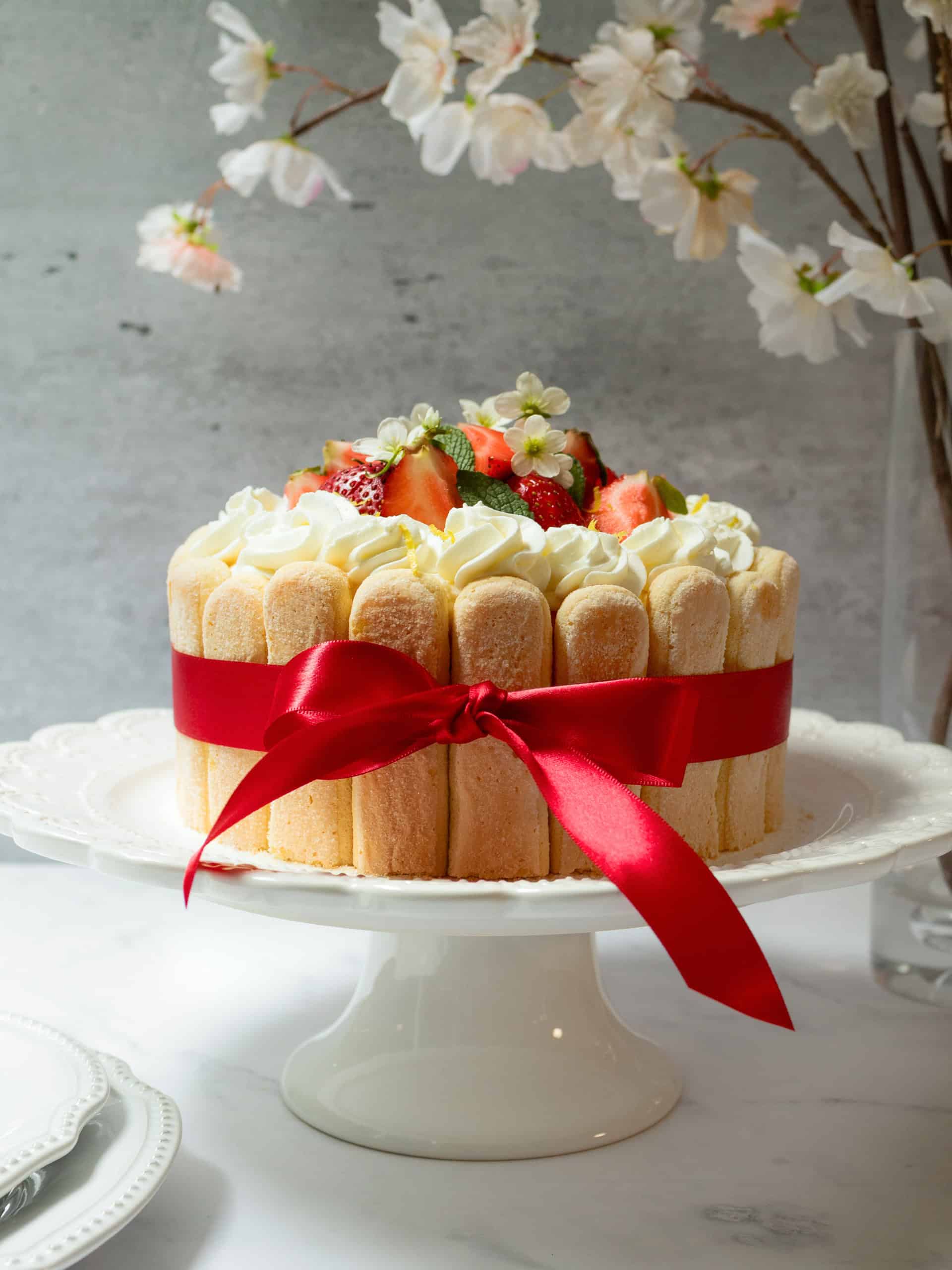 A decorated lady charlotte cake with ladyfingers, whipped cream, strawberries, and a red ribbon sits on a white cake stand. White flowers are in the background.