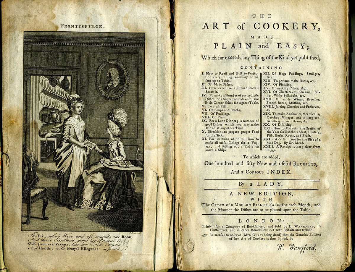 Open book showing a frontispiece illustration of two women in period dress discussing a cookbook, with the 1796 recipe title page of 