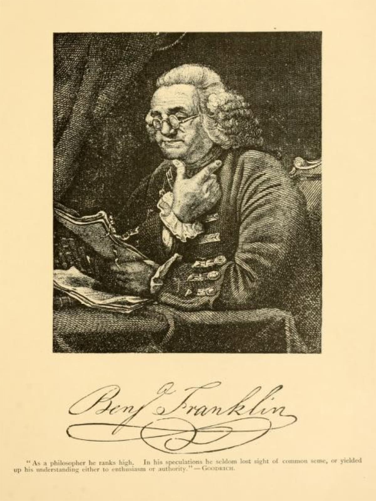 A black-and-white illustration of Benjamin Franklin sitting and reading, with his signature and a quote referencing the Boston Tea Party printed below the image.