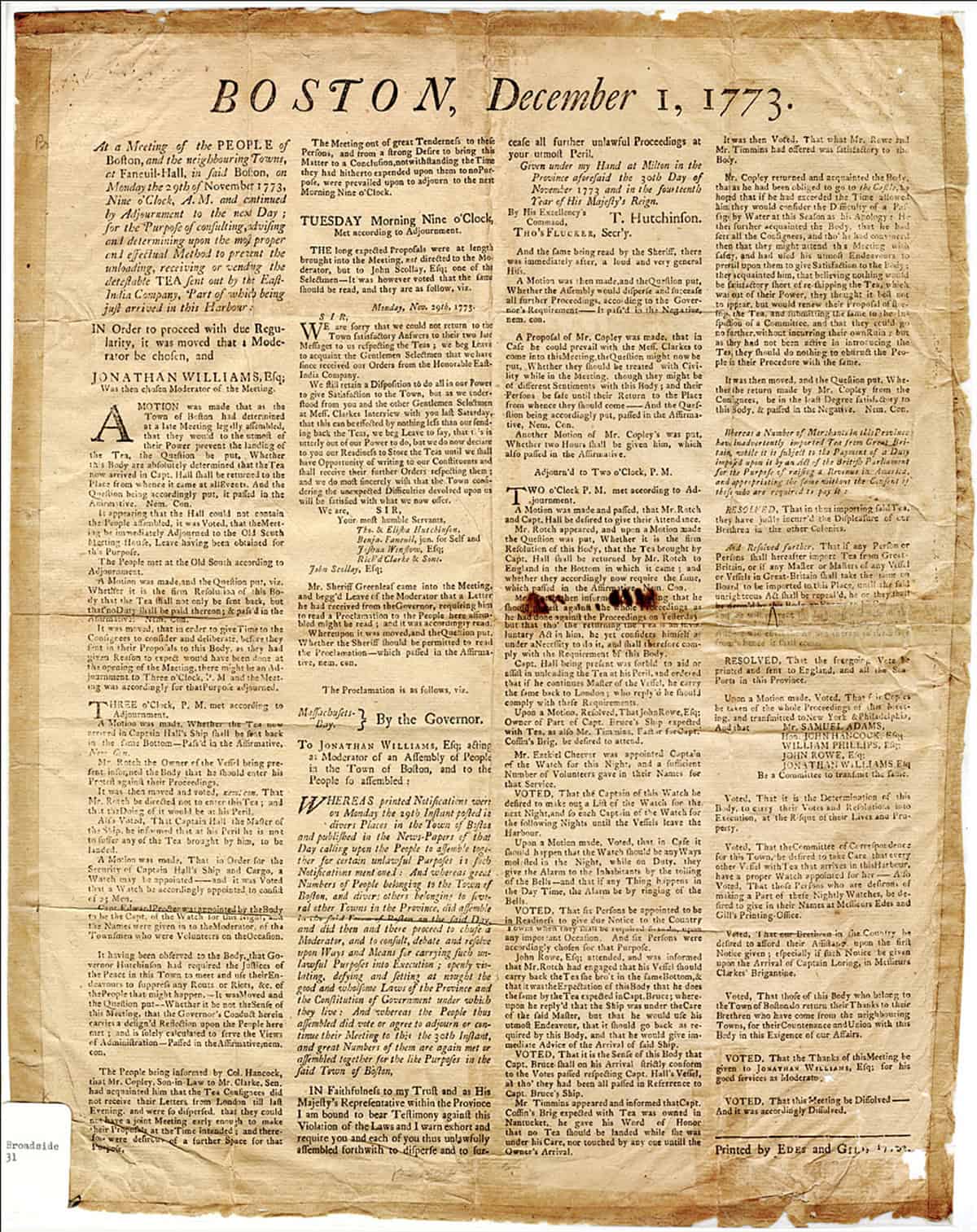 A historic, yellowed newspaper page titled "Boston, December 1, 1773," features densely printed columns and official notices about colonial events, including news of the Boston Harbor and reports on types of tea linked to the brewing Boston Tea Party.