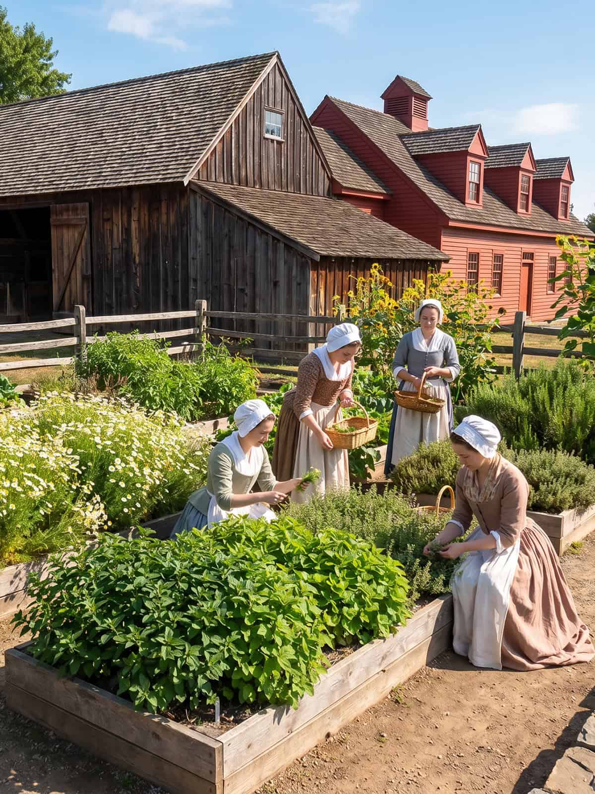 Four women in historical clothing work in a garden with herbs and flowers-perhaps gathering ingredients for a Liberty Tea recipe-in front of wooden barns and a red colonial-style building on a sunny day.