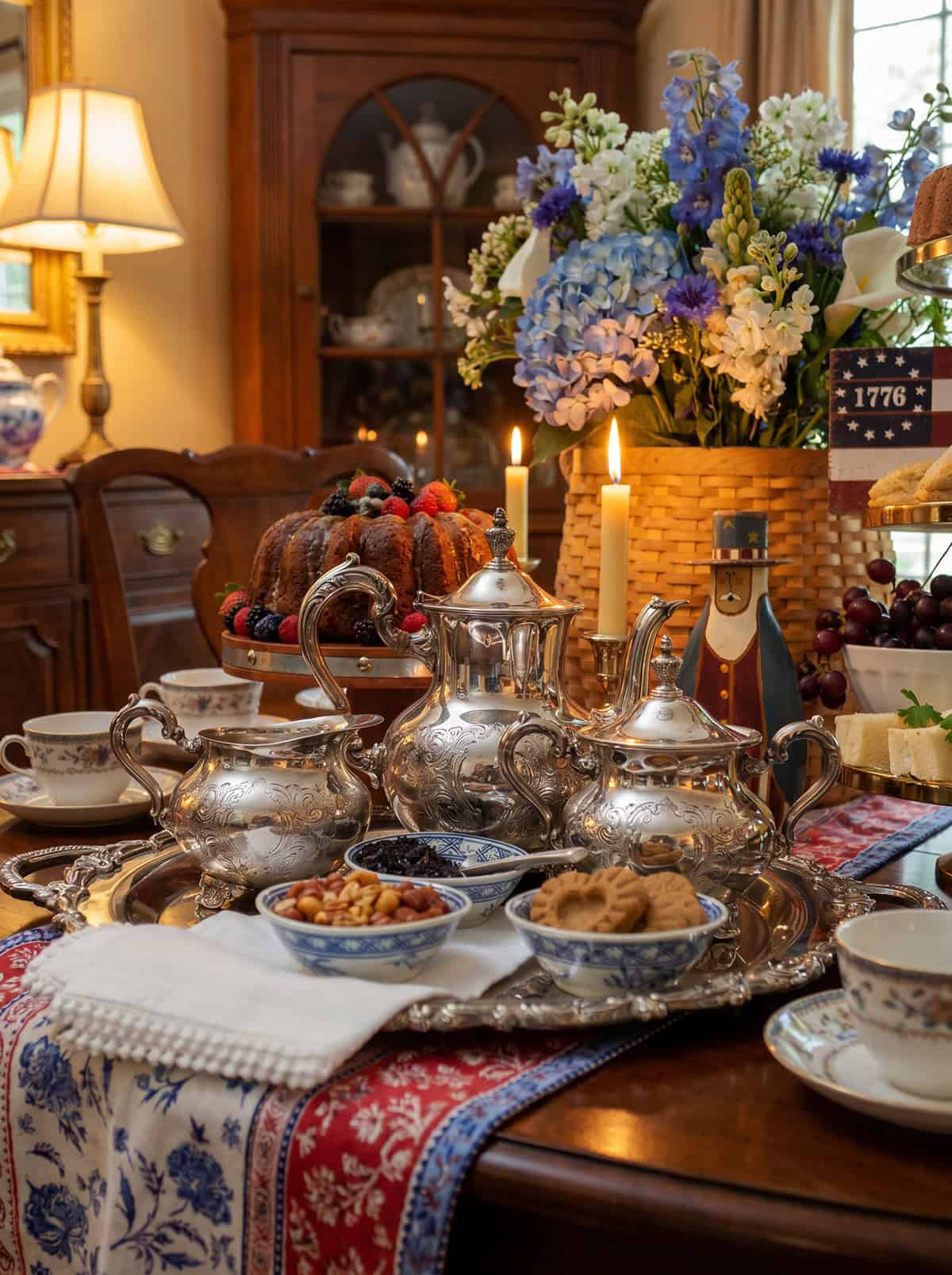 A formal Revolutionary Tea set with silver teapots, sugar bowl, cookies, nuts, and fruit sits on a decorated table adorned with candles, a floral arrangement, and patriotic decorations in the dining room.