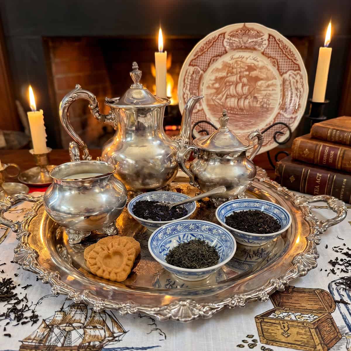 Close-up of loose leaf teas displayed in blue and white Chinese tea bowls on an ornate silver tray, with a heart-shaped colonial shortbread and silver tea service, fireplace glowing warmly behind.