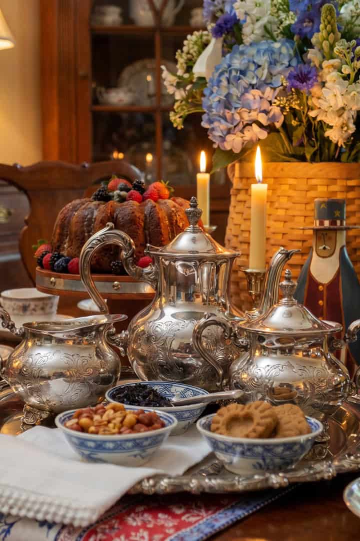 A silver tea set with cups, bowls of snacks, and a bundt cake arranged on a dining table, with candles, flowers, patriotic decor, and a hint of Revolutionary Tea spirit in the background.