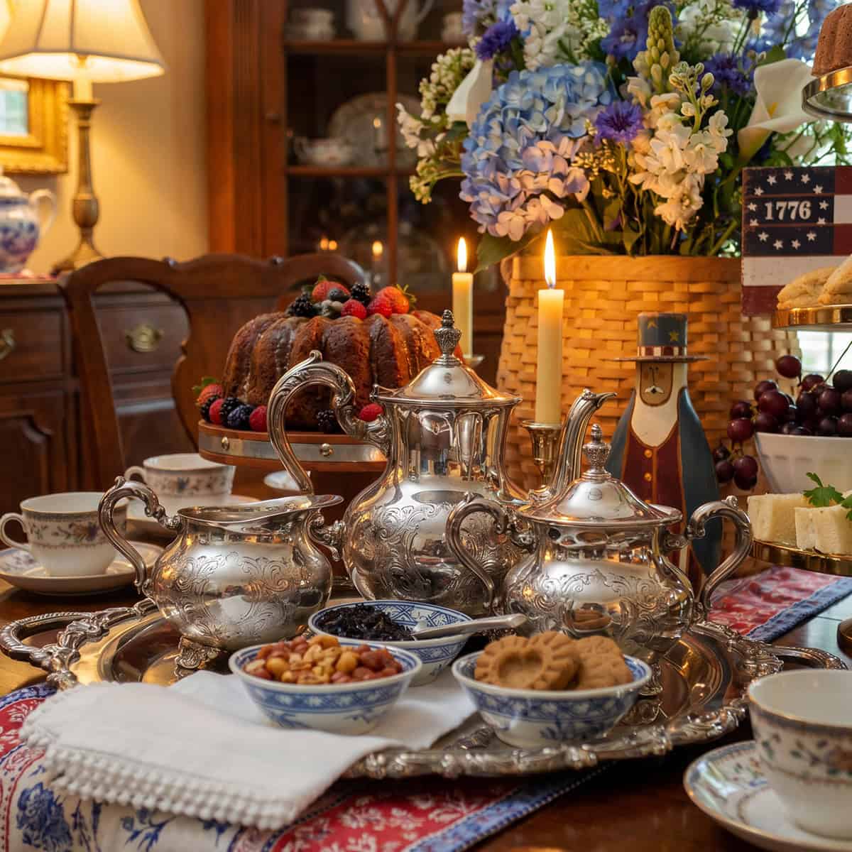 A silver tea set with cups, bowls of snacks, and a bundt cake arranged on a dining table, with candles, flowers, patriotic decor, and a hint of Revolutionary Tea spirit in the background.