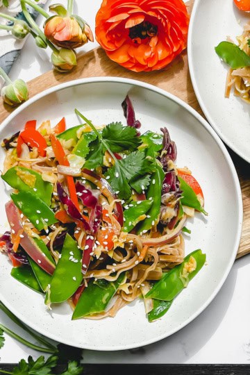 A plate of vegetable stir-fry with snow peas, carrots, red cabbage, and sesame seeds, garnished with fresh cilantro—a perfect choice for easy June 30 minute dinners.