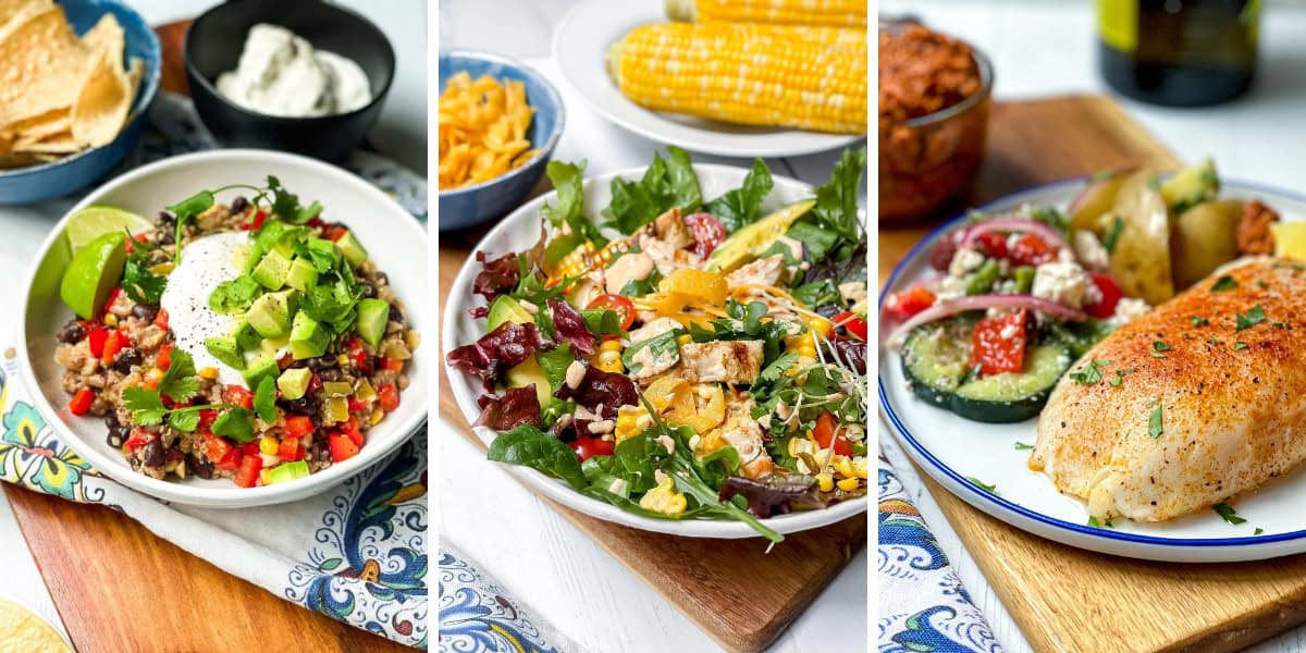 Three plates of food for summer 20 minute dinners: a burrito bowl with avocado and sour cream, a grilled chicken salad with vegetables, and Spanish cod with veggies. 