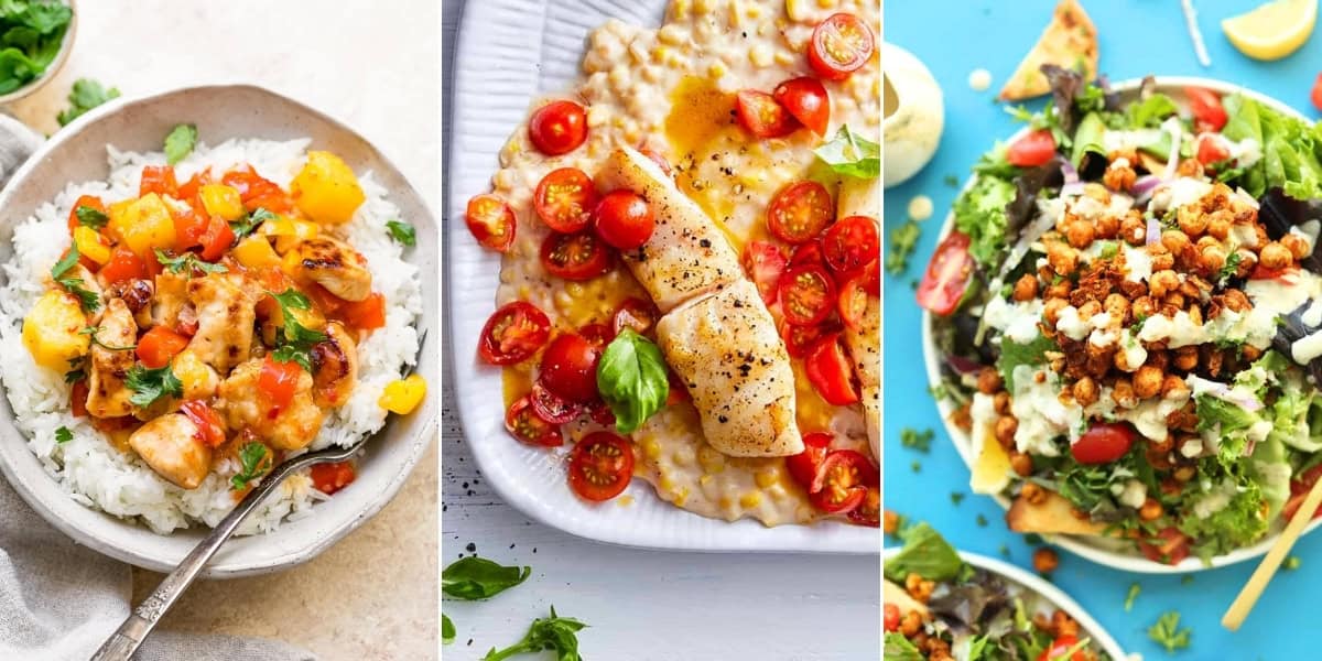 Three plated dishes: chicken with rice and peppers, fish with tomatoes, and a salad with chickpeas, tomatoes, greens, and dressing-perfect june 30 minute dinners served on a blue background.