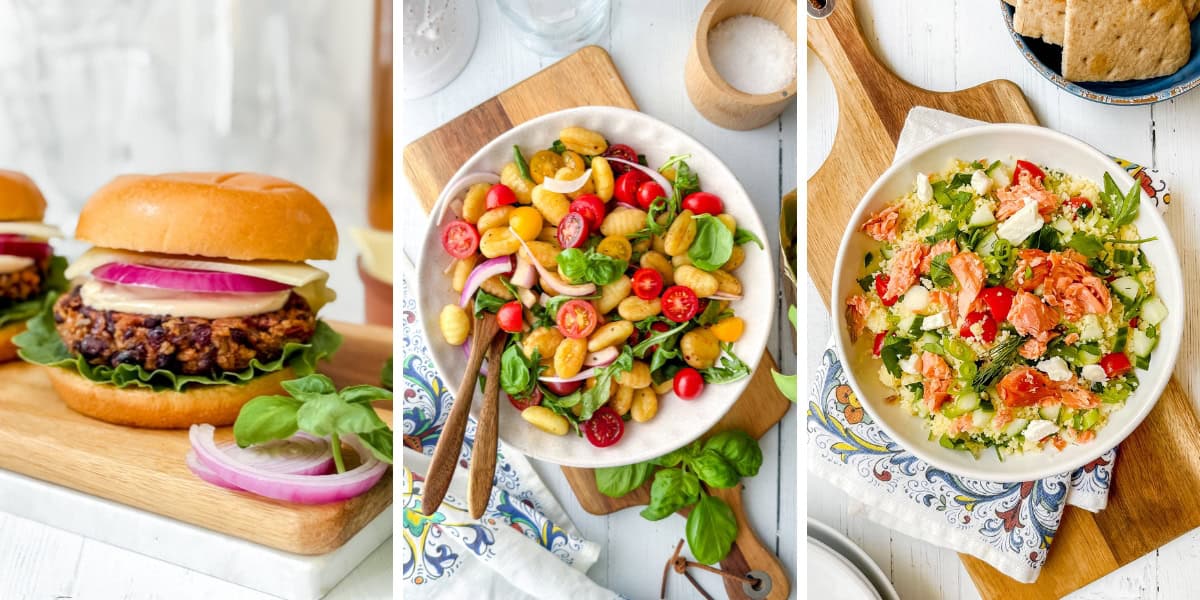 Enjoy June 30 minute dinners like a veggie burger with lettuce, cheese, and onion; a salad with gnocchi, tomatoes, and greens; and a bowl of mixed salad with feta and vegetables on a white table.