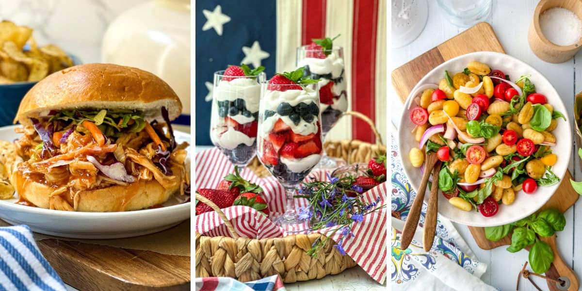 Three dishes are shown: a pulled chicken sandwich with slaw, layered berry parfaits with cream, and a salad with tomatoes, gnocchi, onions, and greens-perfect world cup recipes to enjoy while watching the game.