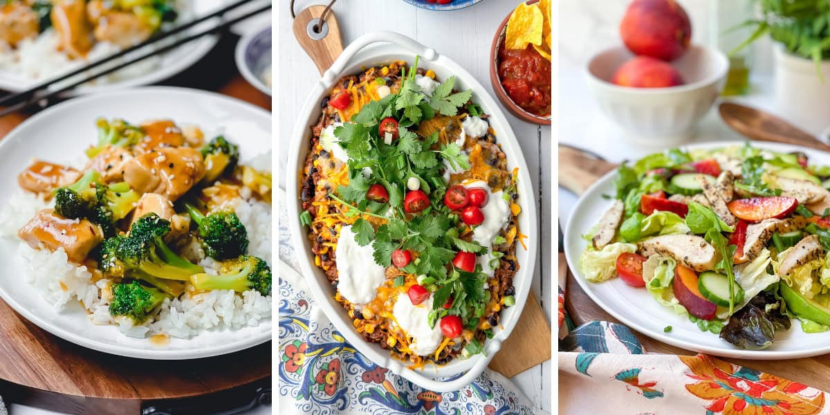 Three plates of food: chicken and broccoli over rice, a baked Mexican casserole topped with cilantro and tomatoes, and a mixed salad with grilled chicken and fruit-perfect June 30 minute dinners for busy weeknights.