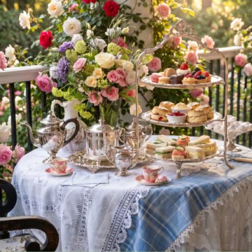 A table set for a June afternoon tea with a tiered tray of pastries, scones, and sandwiches, silver teapots, floral china, and a bouquet of roses on a lace tablecloth.