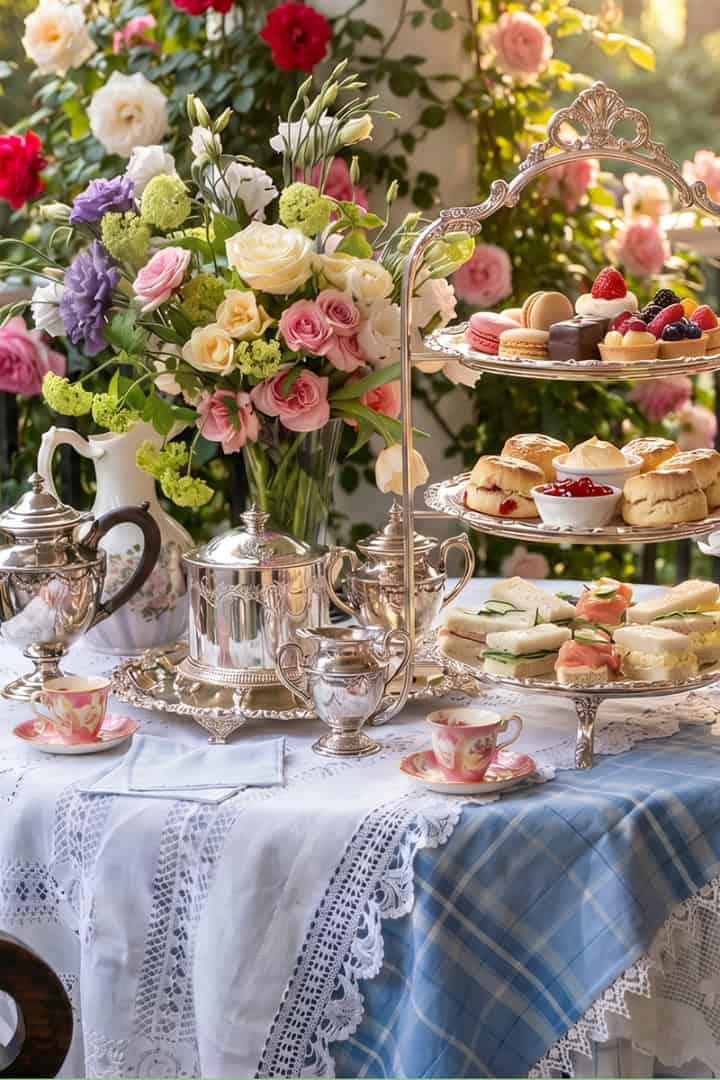 A table set for a June afternoon tea with a tiered tray of pastries, scones, and sandwiches, silver teapots, floral china, and a bouquet of roses on a lace tablecloth.