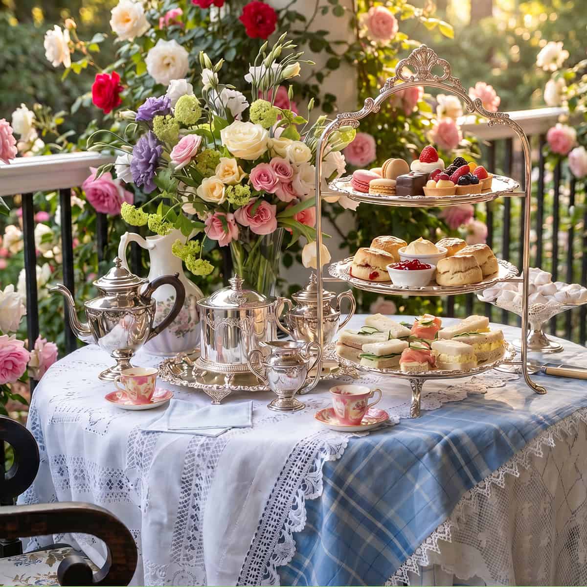 A table set for a June afternoon tea with a tiered tray of pastries, scones, and sandwiches, silver teapots, floral china, and a bouquet of roses on a lace tablecloth.