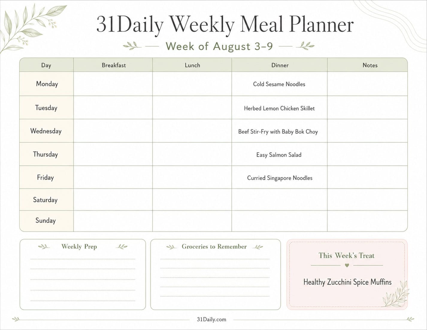 A weekly meal planner chart for August 3-9 with dinner meals listed for each weekday; includes sections for notes, weekly prep, groceries, and a treat: Healthy Zucchini Spice Muffins.