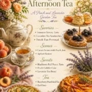 A decorative menu for an August afternoon tea with a delightful peach and lavender theme, listing savory tarts, scones, sweets, tea options, and elegant floral decorations arranged around the dishes.