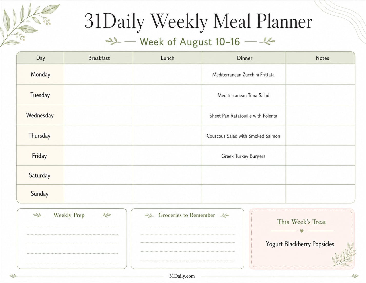 A weekly meal planner chart for August 10-16 lists dinner meals, a section for weekly prep and groceries, and a treat: Yogurt Blackberry Popsicles.