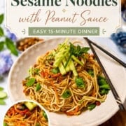 A plate of Cold Peanut Sesame Noodles topped with sliced cucumber and herbs, with chopsticks resting on the plate. Text above reads: "Cold Sesame Noodles with Peanut Sauce. Easy 15-Minute Dinner.