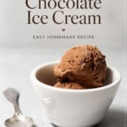 A white bowl with two scoops of chocolate ice cream sits next to a spoon; the text promotes an Easy Chocolate Ice Cream recipe, featuring a no-churn method and optional brownie add-ins.