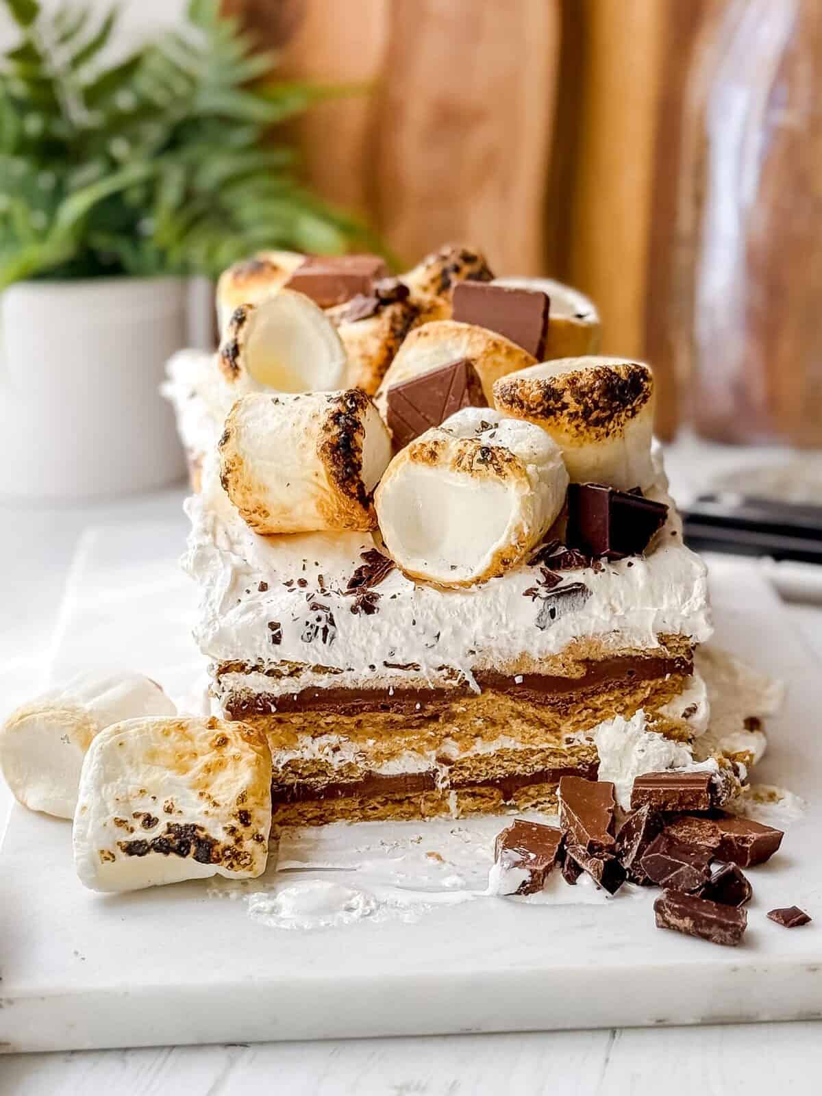 A no-bake s'mores icebox cake with layers of graham crackers, whipped cream, toasted marshmallows, and chocolate pieces sits on a white surface, with a plant and wooden boards in the background.
