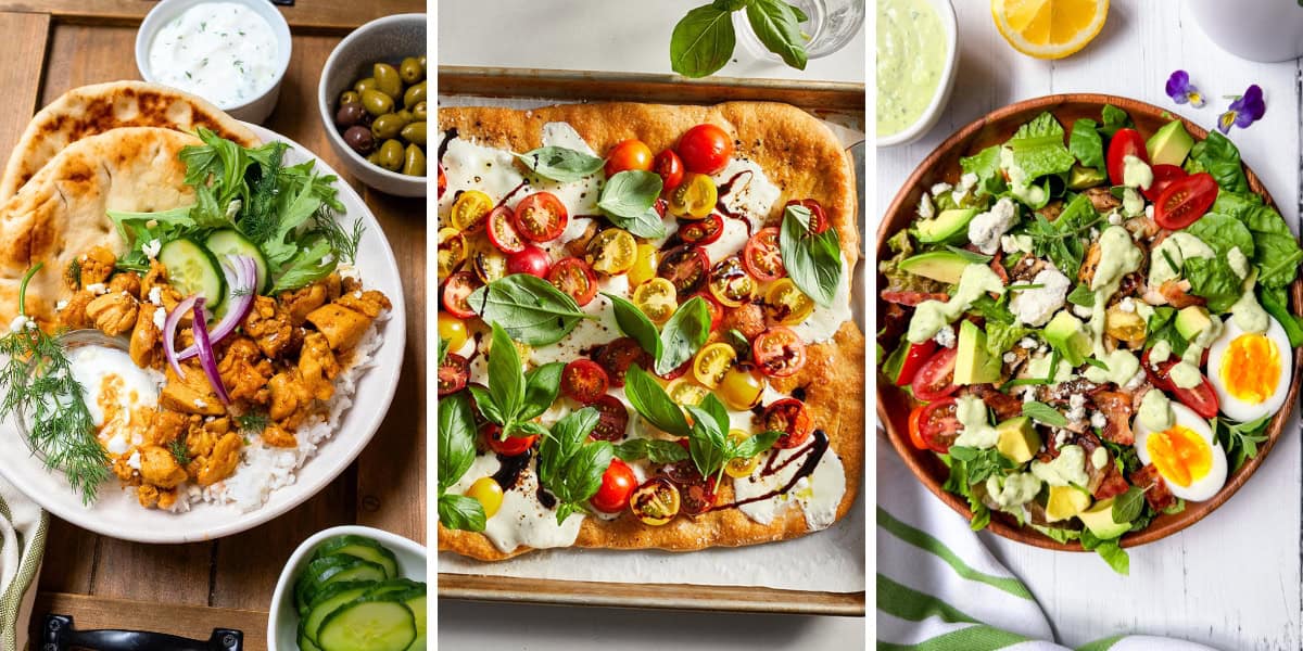 Enjoy easy July one pot dinners like a chicken gyro bowl with naan and veggies, a flatbread topped with tomatoes and basil, and a hearty salad with eggs, avocado, bacon, and cheese.